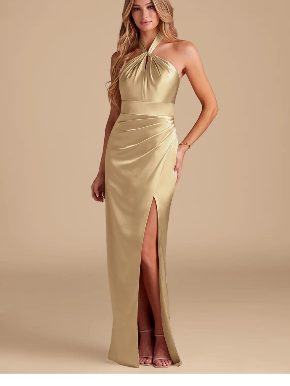 Azazie Gold Strapless Halter Satin Gown with Side Slit Size 14
